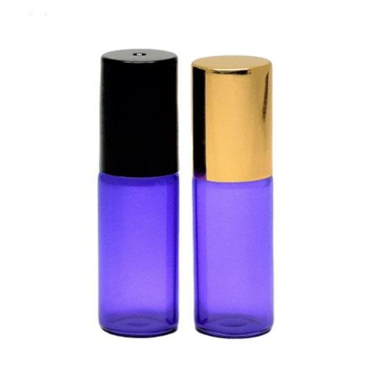 Fialová roll-on 5ml s oceľovou guličkou a so zlatým vrchnákom - tenké sklo